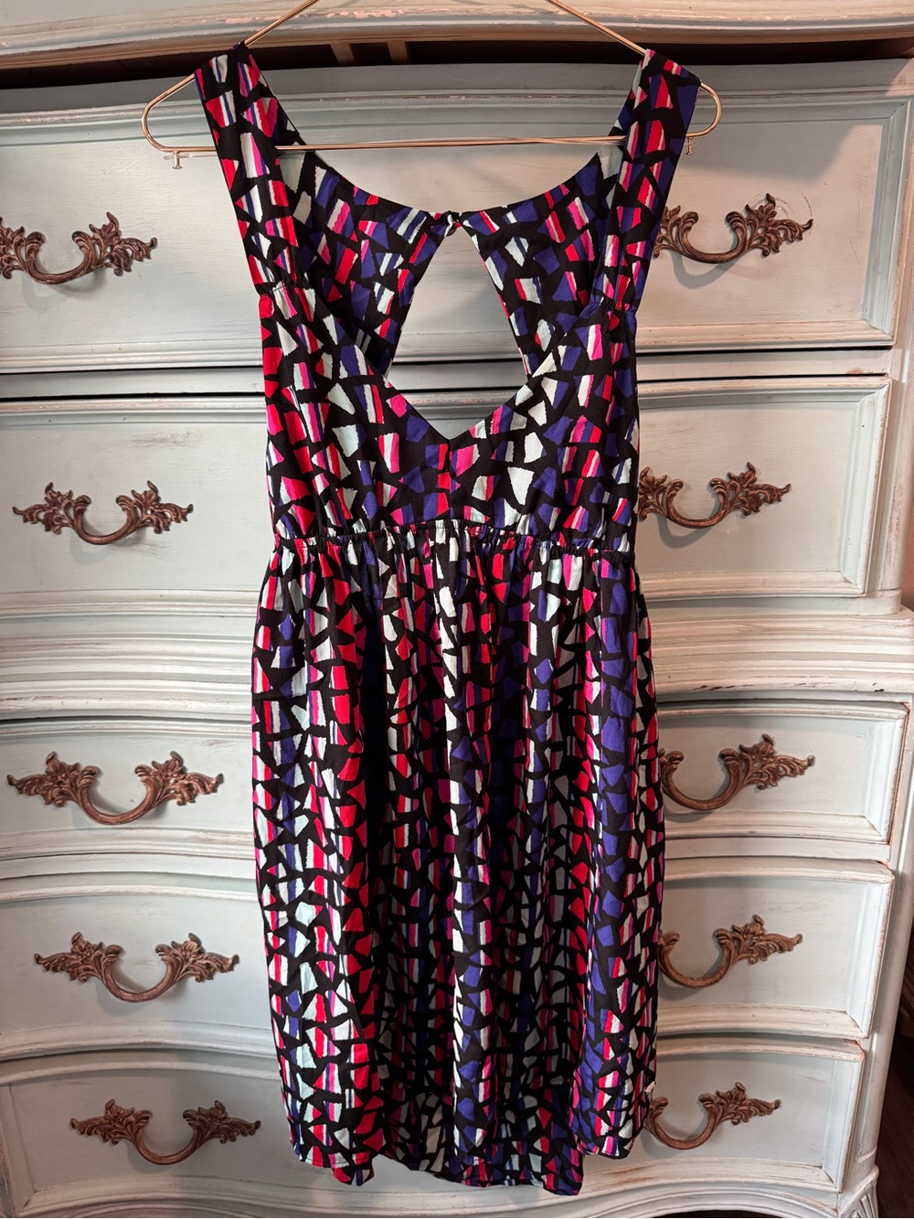 Roxy Black Backless Sundress with Pink, Purple & White Geometric Print